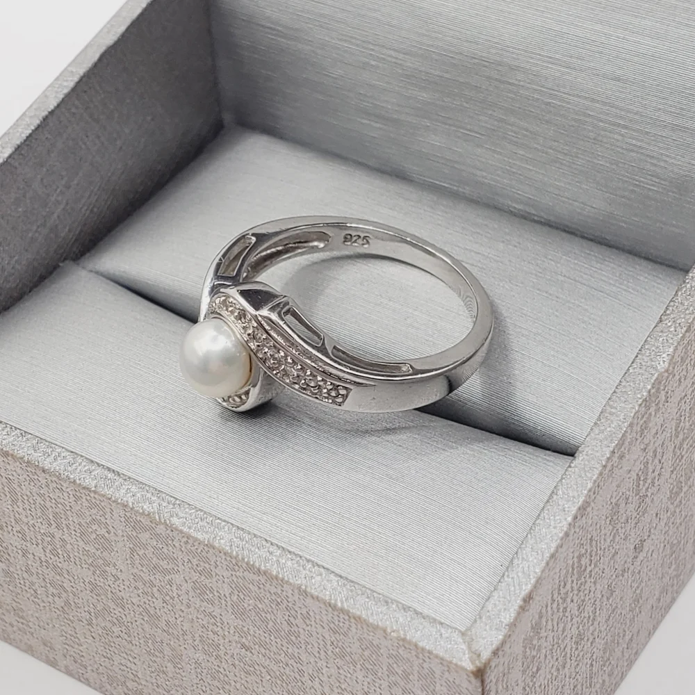 Cultured White Pearl & Diamond Simulants 925 Sterling Silver Bypass Ring